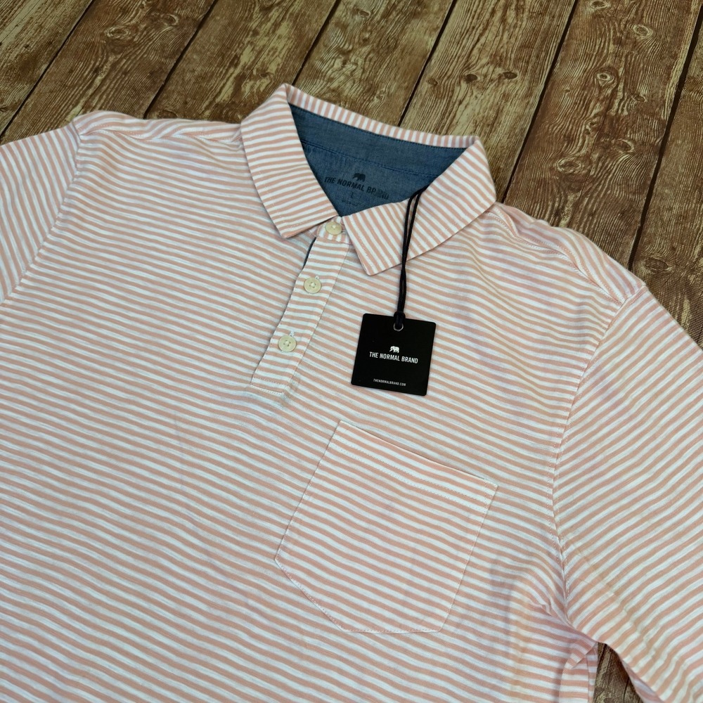 The Normal Brand Striped Polo Shirt Mens Large Pink White Cotton Pocket NWT